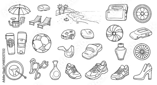 Doodle sketch icon element. Seaside, shoes, ball, tv, beach chair, wheel, sport, vacation, shoe, landscape line drawing vector illustration