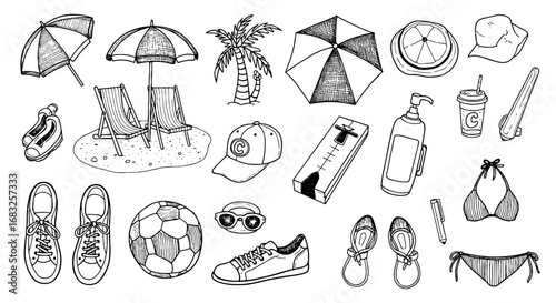Beach doodle sketch element set. Summer vacation hand drawn icon. Sun, chair, tree, ball, umbrella, clothes. Vector illustration