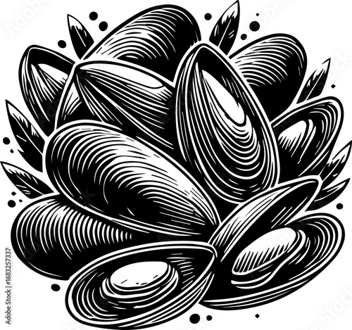Illustration of a cluster of mussels with detailed line work and shading in a monochrome color palette
