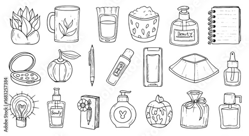 Hand-drawn sketch beauty and home icon set. Pen line skincare bottle, notebook, plant doodle shape element. Vector illustration