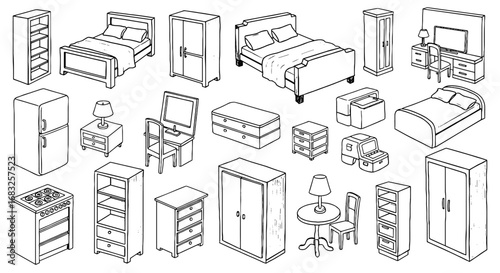 Furniture sketch line art icon set. Bed, wardrobe, dresser, fridge, oven, desk, chair. House furnishings collection. Home interior. Vector illustration