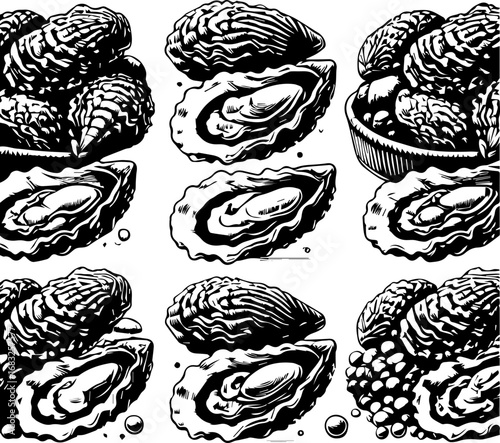 A detailed black and white illustration of several oysters in various arrangements and presentations