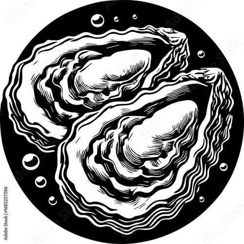 Illustration of two oysters inside their shells surrounded by bubbles in a black background circle