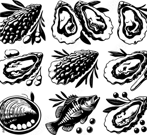 Illustration showing a variety of seafood including oysters, mussels, fish and olive branches in black and white