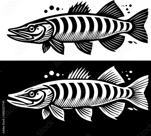 Two stylized fish illustrations one in black and white and the other in reverse colors scheme