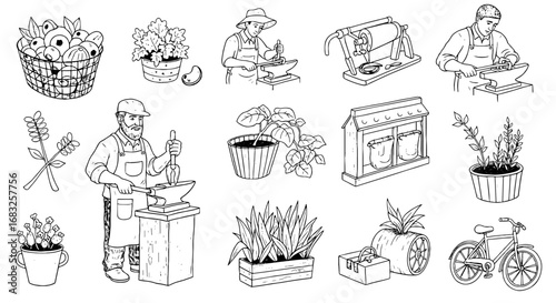 Craftsman hand drawn sketch set. Forge, produce, basket, plant element. Hand drawn doodle, home farm, shop icon. Vector illustration