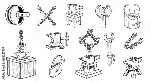 Line sketch blacksmith tools set. Hand drawn doodle anvil, chain, tool element set. Blacksmith workshop metal art. Vector illustration