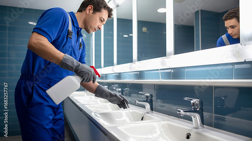 Professional cleaner in blue uniform and gloves meticulously sanitizing a modern public restroom sink area with spray bottle