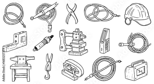 Line sketch doodle construction, craft tools set. Hand drawn sketch industrial equipment, cable, meter, hardhat. Pen scribble instrument shape icon set.