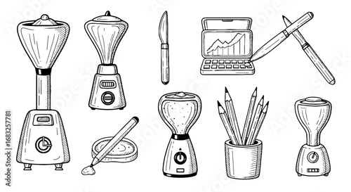 Sketch doodle kitchen appliance utensil device set. Hand drawn blender, knife, laptop element. Pencil art supply stationery pen vector illustration
