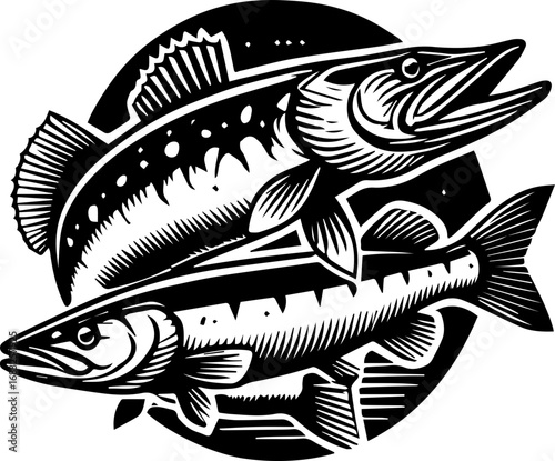 Two stylized fish overlapping in a circular frame rendered in black and white graphic illustration style