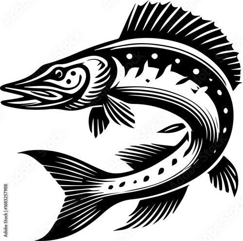 Illustration of a northern pike fish with detailed fins and spots in a black and white design style
