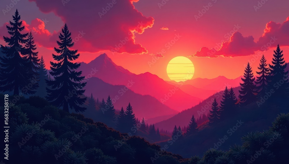 Fototapeta premium Crimson sunrise paints towering pines, valley shrouded in shadow , atmosphere, evergreen, alpine