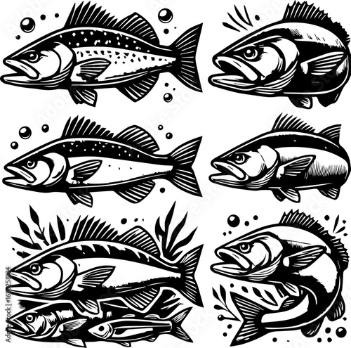 Collection of stylized fish illustrations in black and white with varying designs and orientations