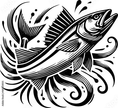 Illustration of a leaping fish with detailed fins and tail surrounded by stylized water swirls and droplets