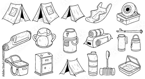 Line sketch camping supply gear element set. Hand drawn sketch equipment item with accessories for outdoor recreation trip.