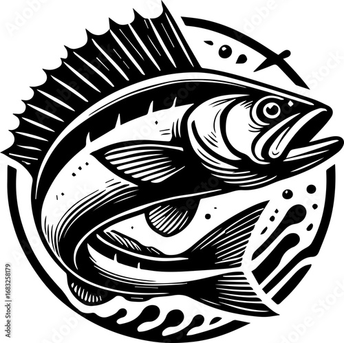 Detailed black and white drawing of a fish with an open mouth inside a circular border design element