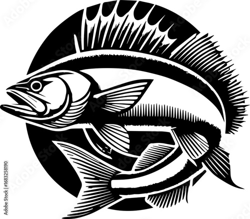 Two stylized fish overlapping with spiky fins inside a dark circle in black and white illustration