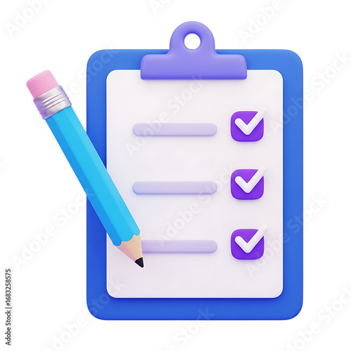 paper clipboard with pencil. 3d notepad, task management concept, todo check list with pen, notes, exam paper checklist icon. 3D Rendering 	