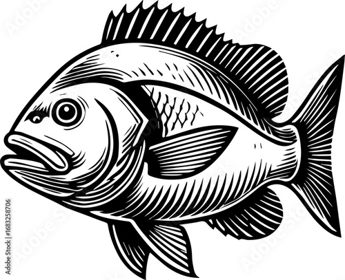 Detailed monochrome illustration of a fish with prominent fins and a textured body design facing left