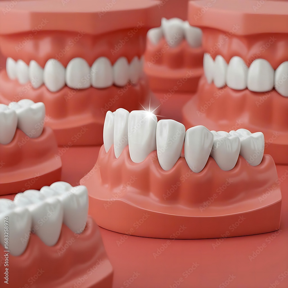 Obraz premium anatomical dental models with perfect, straight white teeth and gums, arranged on a surface.