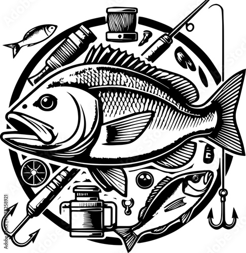 Illustration of a large fish surrounded by fishing gear in a circular black and white design style