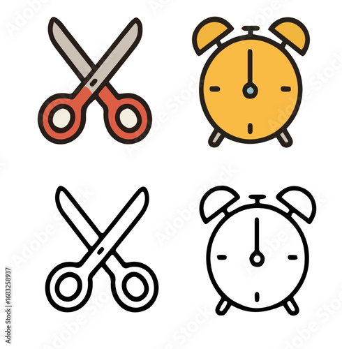 Set of simple colored and outline scissors, alarm clock icons.