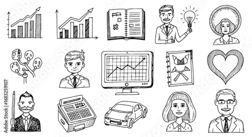 Hand drawn business doodle icon set. Sketch pencil line graph, person, car, light bulb, book, calculator, heart shape element. Vector illustration