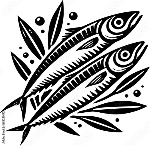 fish, leaves, bubbles, woodcut, illustration, black, white, stylized, seafood, marine, animal, nature, art, graphic, design, vintage, retro, drawing, artwork, clipart, vector, icon, symbol, pattern, d