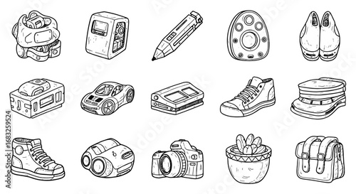 Doodle line art item icon set. Hand drawn sketch robot, car, camera, shoe elements, pen stroke brush style scribble shape. Vector illustration