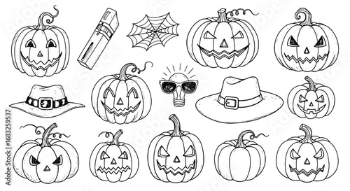 Halloween sketch doodle icon set. Pumpkin face, hat, cobweb, bulb line art. Spooky, cute scribble pen drawings. Vector illustration
