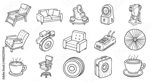 Doodle sketch home furniture chair coffee set. Hand drawn sketch living room comfort object. Pen texture shape icon. Vector illustration