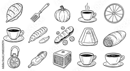 Doodle sketch kitchen, food item set. Hand drawn pen art sketch bread, lemon slice, drink elements. Line kitchen tool and lunch food vector