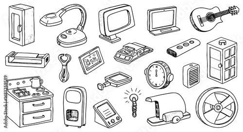 Hand drawn line sketch household objects set. Sketch scribble vector graphic pen underline scribble icon. Home appliance, furniture shape. Vector illustration