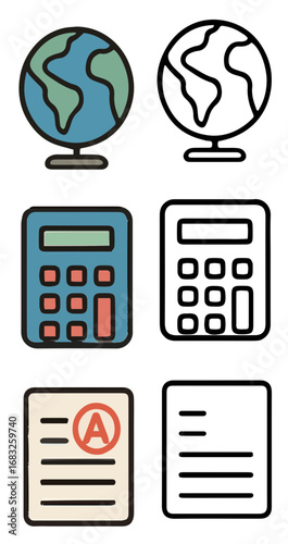 School and learning icons: globe, calculator, graded paper.