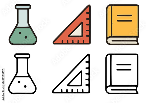 Cartoon style icons: flask, ruler, book, colored & outline.