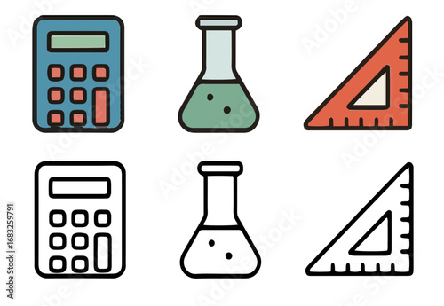 Essential school and science tools in flat icon style.