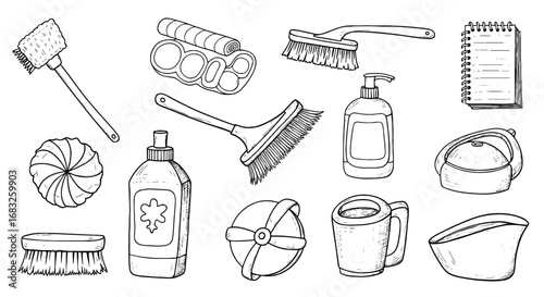 Sketch line hand drawn cleaning supply set. Brush, spray, sponge sketch doodle element. Cleaning home kit sketch scribble icon. Vector illustration