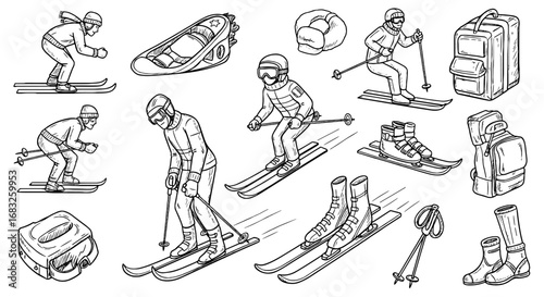 Sketch winter sport skiing set. Skier, sled, boots, poles, backpack sketch. Winter sport equipment hand drawn line art icon set.