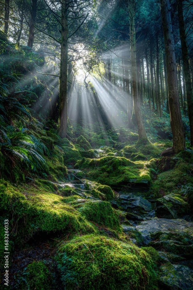 Obraz premium Sunlight streams through a mossy forest