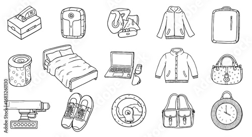 Line sketch bedroom, tech, and accessory object set. Hand drawn laptop, bag, clock, shoe element. Pen line sketch, bed, outerwear, item. Vector illustration