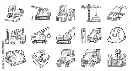 Construction equipment line sketch set. Hand drawn vehicle doodle, crane machine, office and worker tools. Line icon vector illustration