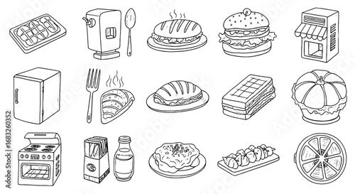 Sketch line food kitchen appliance icon set. Hand drawn doodle sketch breakfast, lunch object with kitchen tools and fresh food. Kitchen doodle element. Vector illustration
