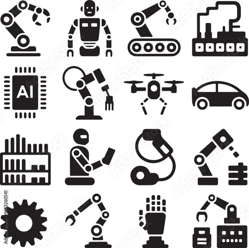 Industrial automation and AI technology icons in a grid robot arm industrial robot