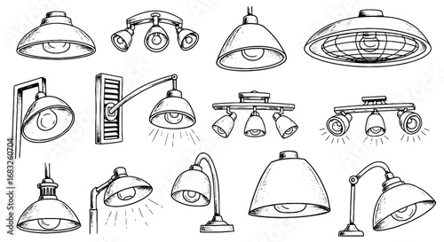 Sketch line art lamps, drawing set. Hand drawn style lamp icons, lighting fixture sketch style. Home decor, simple light source. Vector illustration