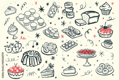 A Whimsical Collection of Desserts Featuring Cupcakes, Pies, Cookies, and Sweet Treats Amidst Playful Scribbles and Stars for a Fun Culinary Theme