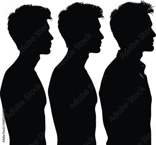 Three men silhouettes profile view casual modern style facing right side human figures silhouette