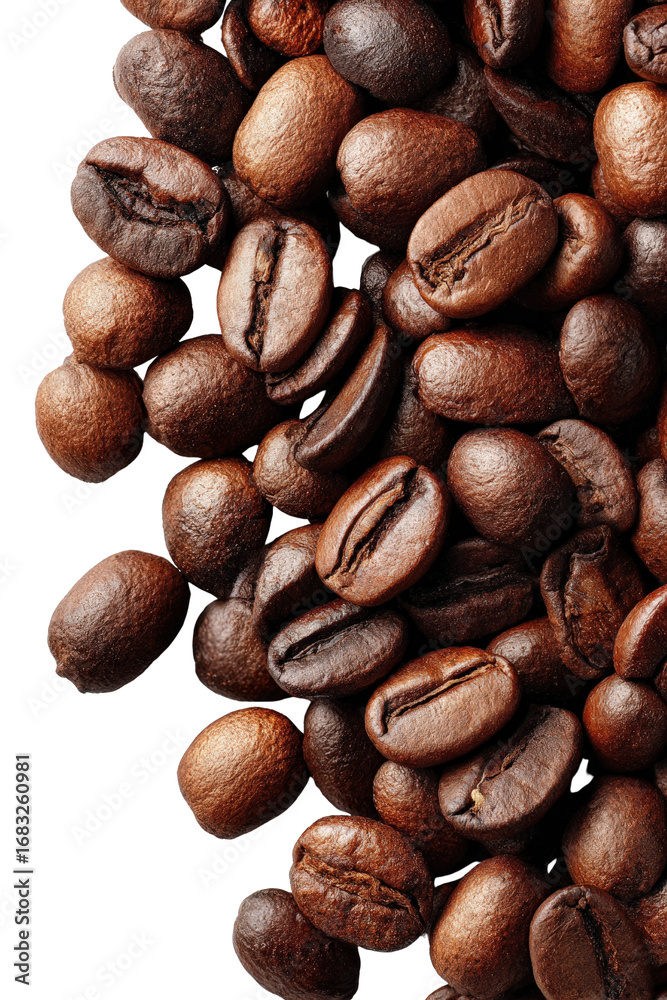 Naklejka premium Top-down view of scattered coffee beans on white background, minimal aesthetic, natural lifestyle theme