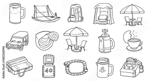 Line sketch camp travel picnic set. Hand drawn sketch tent, chair, car doodle element. Pen line vacation object shape icon.