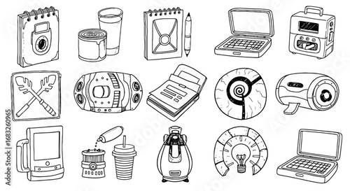 Doodle sketch everyday tech objects icon set. Brush pen line notebook, appliance, laptop. Home office gear line art illustration